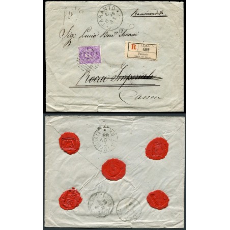 1888 Italia Umberto I° c.50 isolato su raccomandata da Taranto per Cann