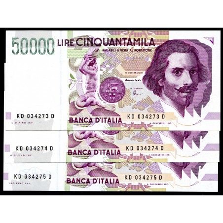 Lire 50.000 Bernini 2° tipo, D1997. Gig. BI81D. FDS Lotto 3 numeri consecutivi.