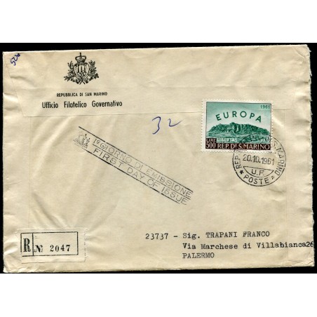 1961 San Marino FDC Europa raccomandata