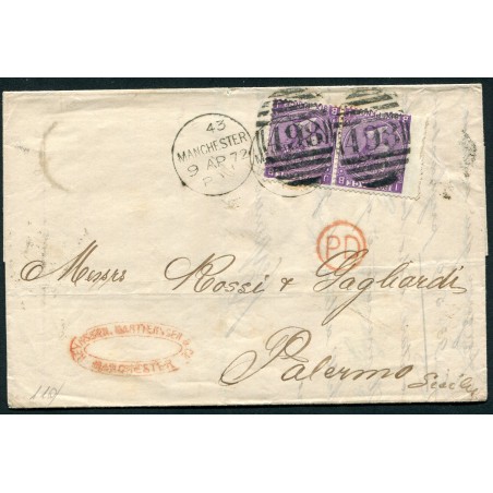 1872 Gran Bretagna lettera da Manchester per Palermo con coppia cent.6