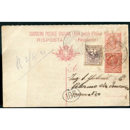 1927 Italia Regno - Cartolina postale (risposta) c. 10 tipo leoni, con marca da bollo c. 5