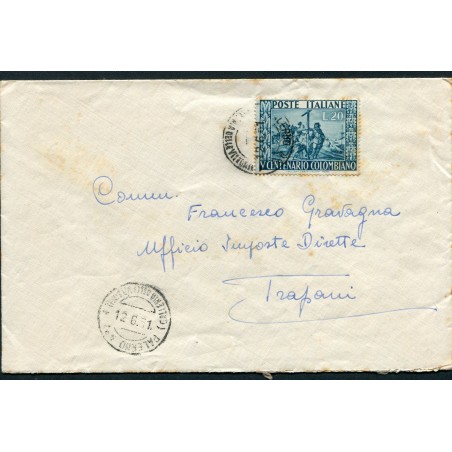 1951 Cristoforo Colombo lire 20 isolato su lettera da Palermo a Trapani. Cat 100