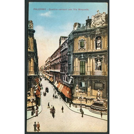 Palermo inizio '900 Cartolina a colori, Quattro Canti e Via Maqueda