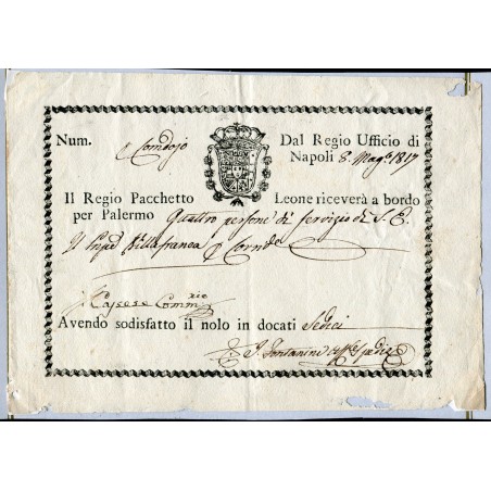 1817 Biglietto di viaggio dell'8 maggio per 4 persone al servizio del Principe Giuseppe Alliata