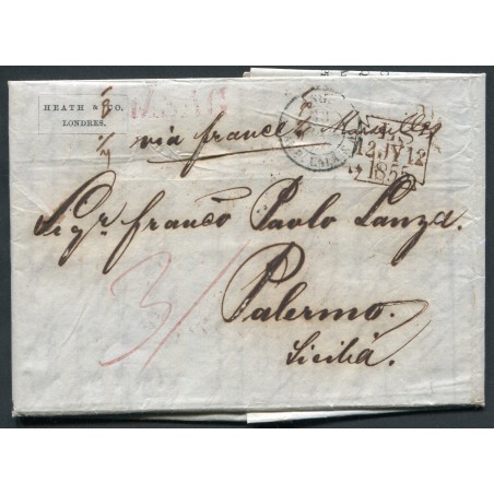 1855 Via di mare - Lettera del 12 luglio da Londra per Palermo "Via France Marseilles"