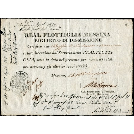1815 Linea Lipari-Milazzo - Lettera di licenziamento di un marinaio,