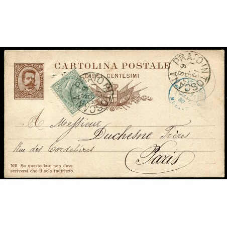 1880 - Umberto I, cartolina c. 10 per Parigi + Vittorio Emanuele II c. 5.