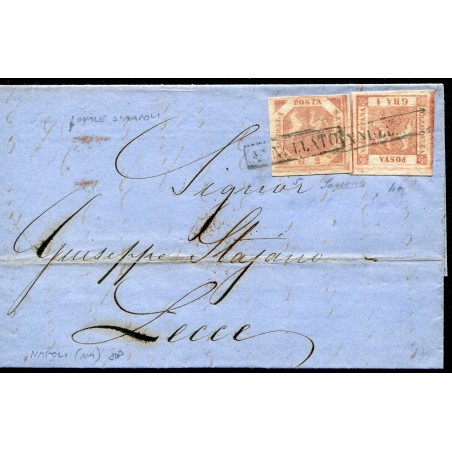 1859 Lettera da Napoli a Lecce con 1 gr. + 2 gr, n.4a+5 belli. Firma Sassone.