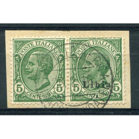 1912/15 Libia c.5 verde in coppia orizzontale di cui uno senza soprastampa n.3/ga usato cat. 600