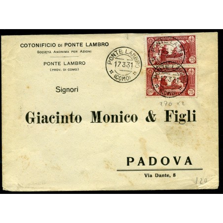 1931 Italia S. Antonino c.75 n. 296, 2 esemplari su lettera Cat. 170